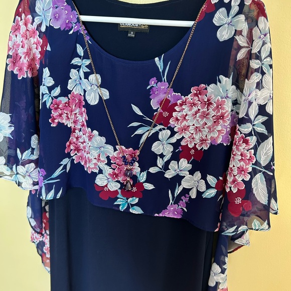NWOT Floral Navy Dress with Sheer Floral Overlay, Cape Style & Perfect Details - Picture 3 of 12